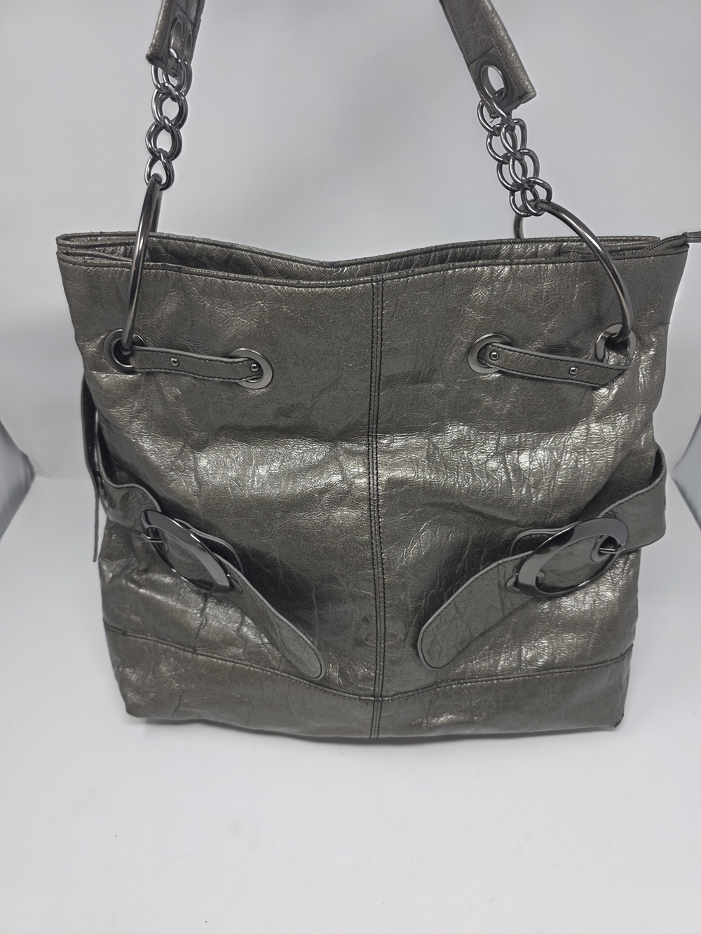 Big Buddha Metallic Pewter Shoulder Bag Y2K Slouchy Tote Pink Lining
